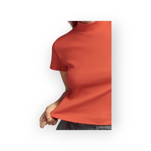 Anthropologie Maeve Ribbed Mock Neck Blair Baby Tee Burnt Orange size S EUC - Picture 2 of 14